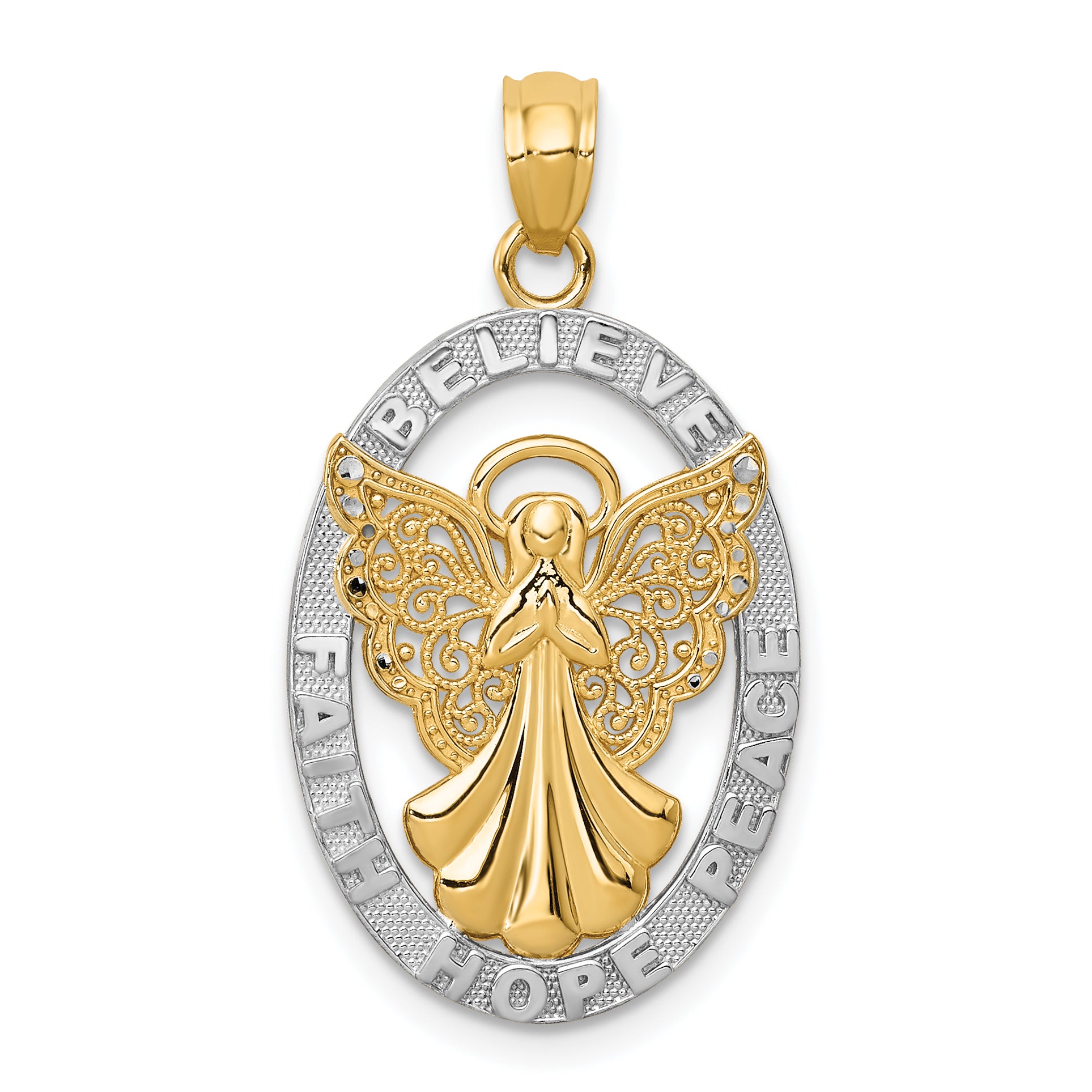 14K W/Rhodium BELIEVE PEACE FAITH HOPE Angel Pendant Main image