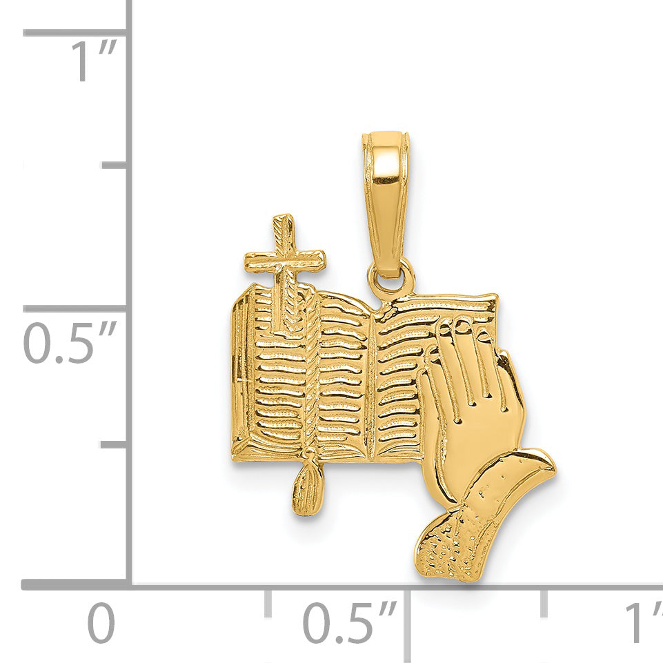 14K Gold Bible with Praying Hands and Cross Pendant Solid, Casted Design
