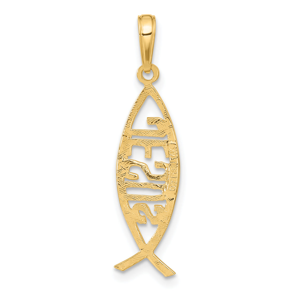 14K Gold Ichthus Fish with JESUS Solid Pendant, 30mm, Casted Design