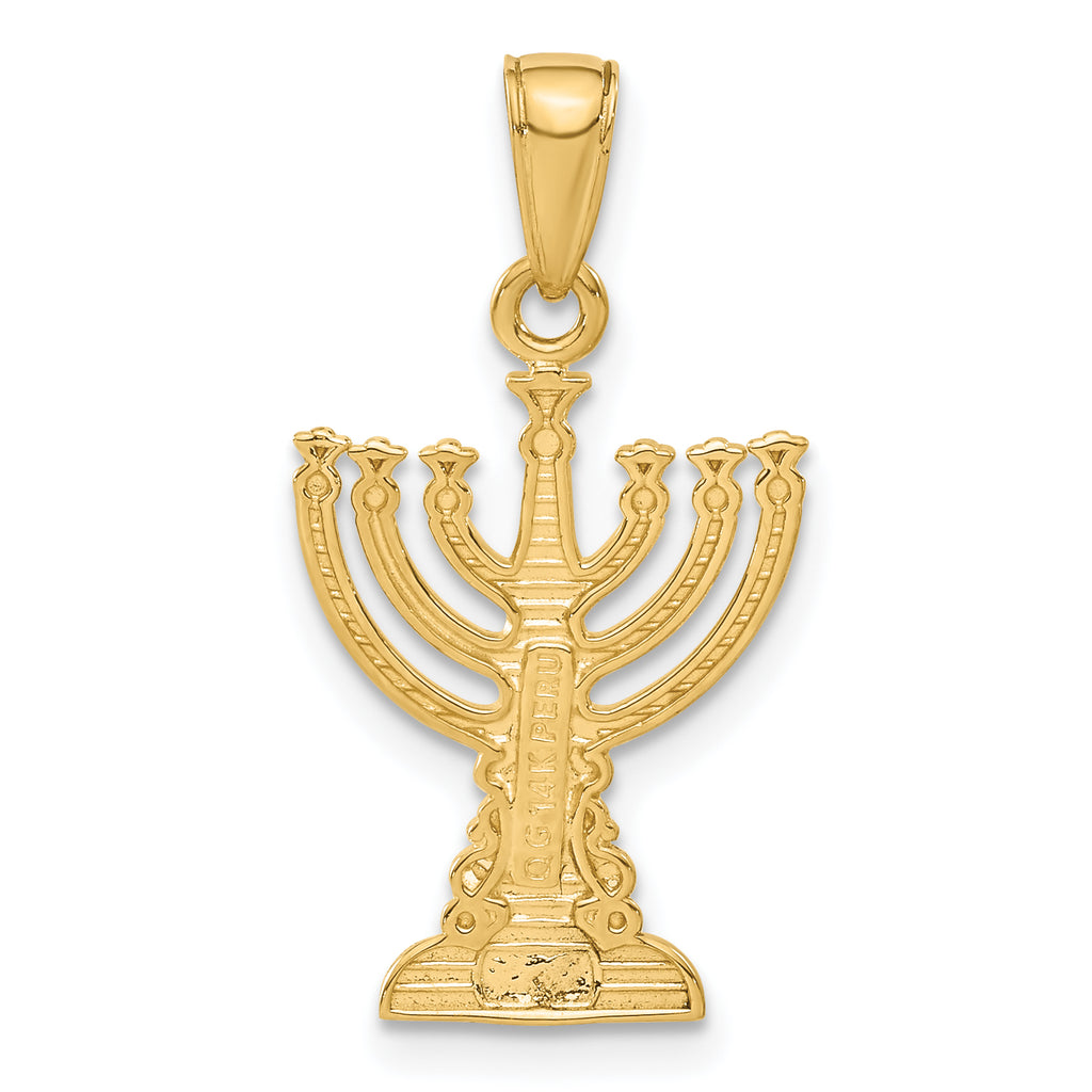 14K Gold Menorah Pendant with Polished Finish and Textured Details