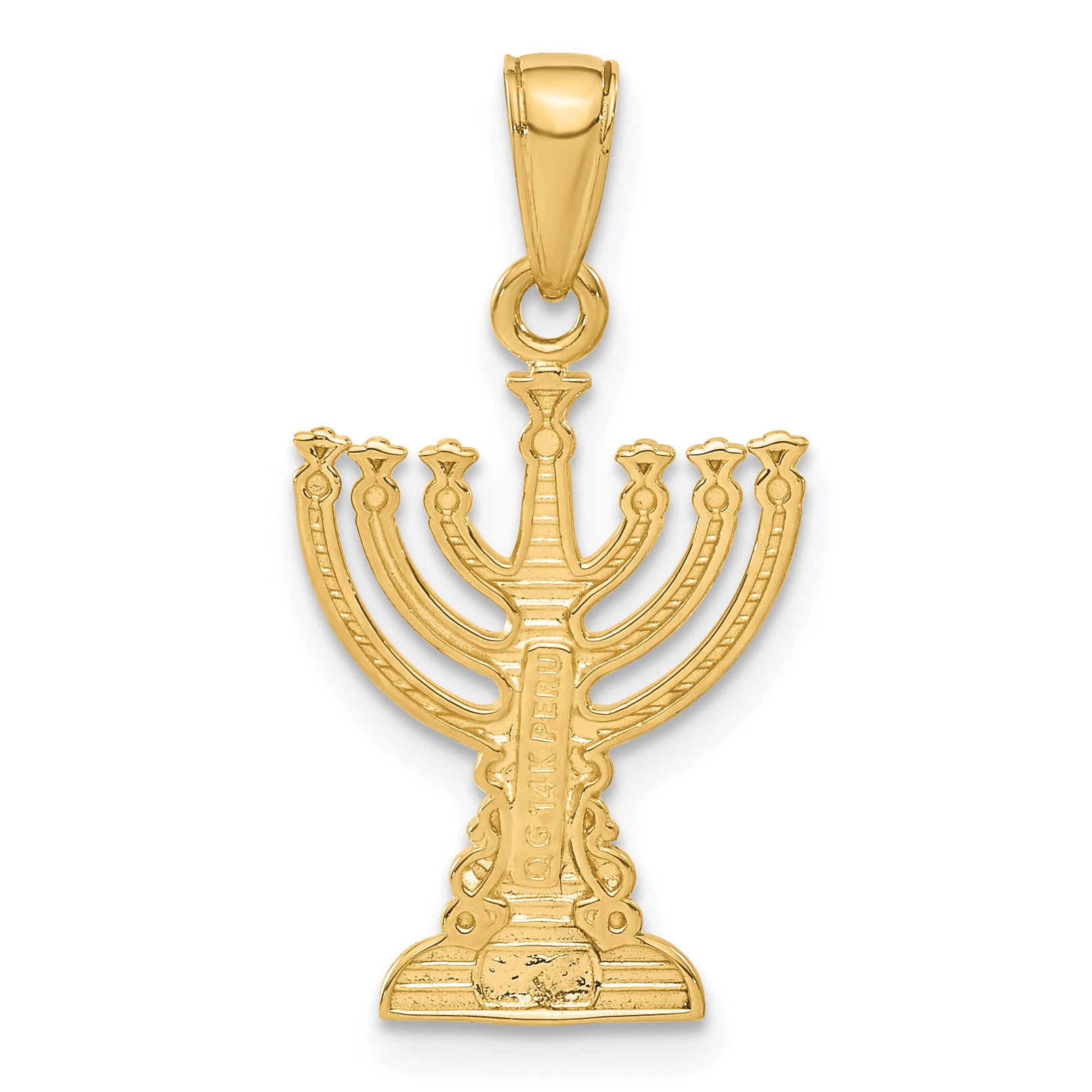 14K Gold Menorah Pendant with Polished Finish and Textured Details