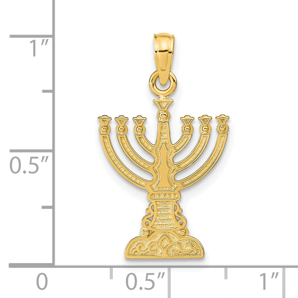 14K Gold Menorah Pendant with Polished Finish and Textured Details