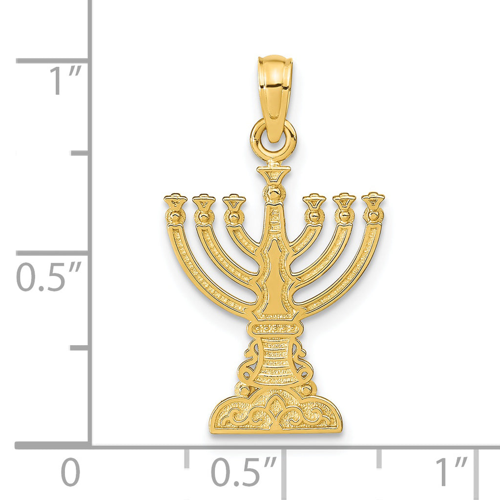 14K Gold Menorah Pendant with Polished Finish and Textured Details
