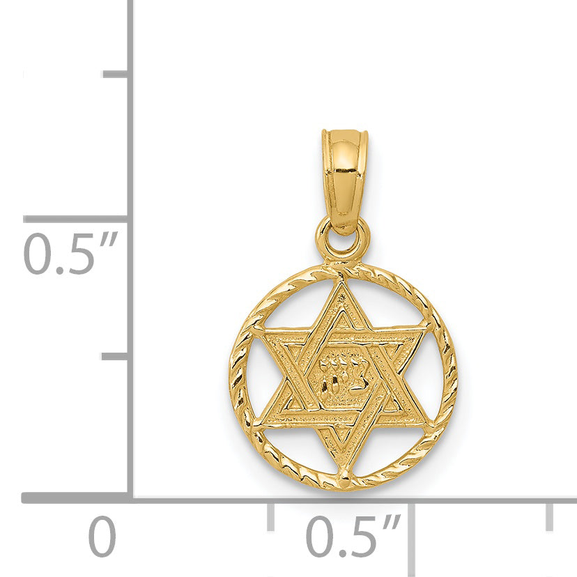 14K Gold Star of David Pendant in Circle Frame Elegant, Solid Design