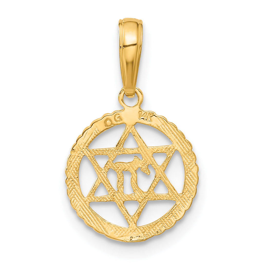 14K Gold Star of David and Chai Pendant in Solid Cast Design.
