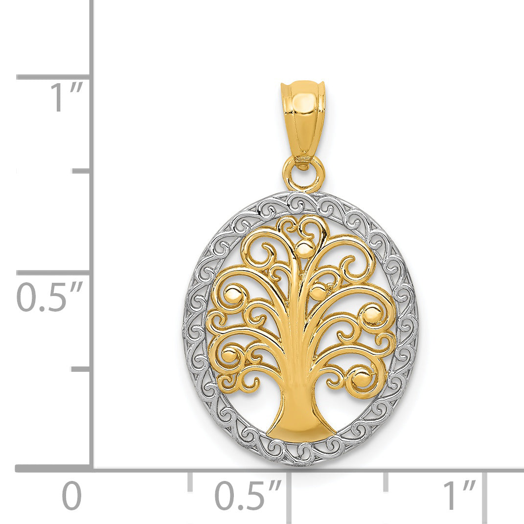 14K Gold Tree of Life Pendant with Rhodium Accents Polished, Elegant Design