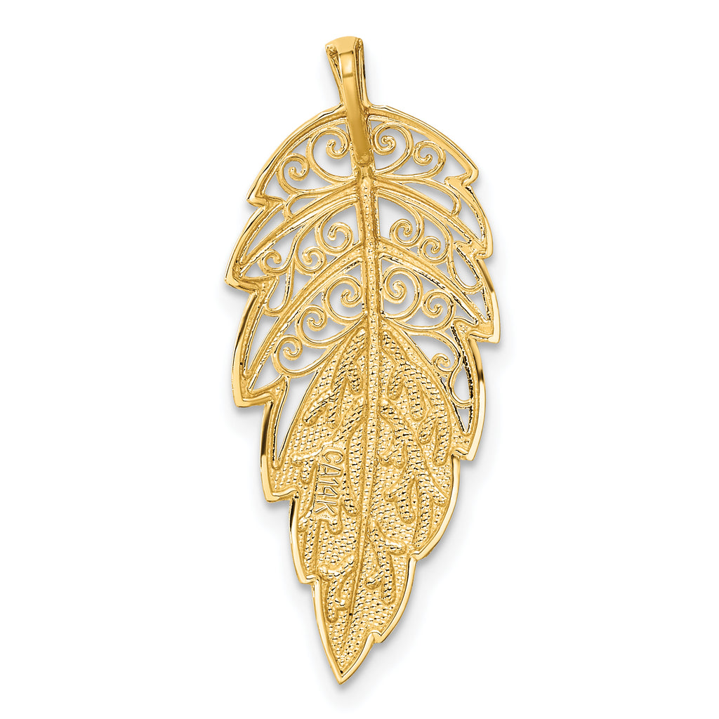 14K Yellow Gold Diamond Cut Leaf Slide Pendant Elegant Textured Design