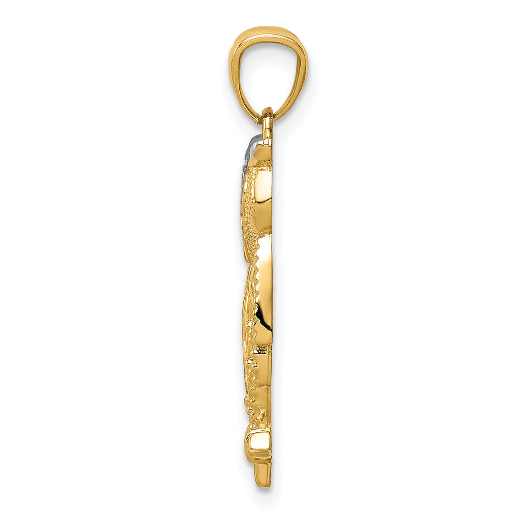 14K Yellow Gold Diamond-Cut Owl Pendant with Rhodium Accents Polished Finish