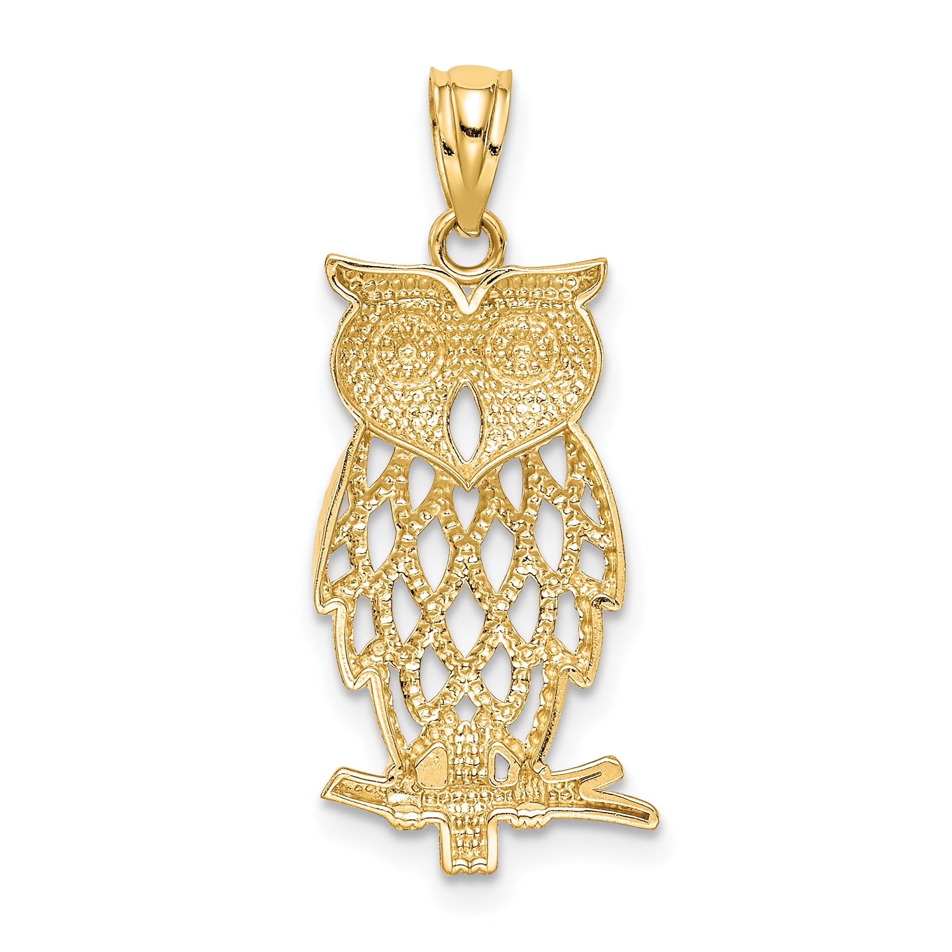 14K Yellow Gold Diamond-Cut Owl Pendant with Rhodium Accents Polished Finish