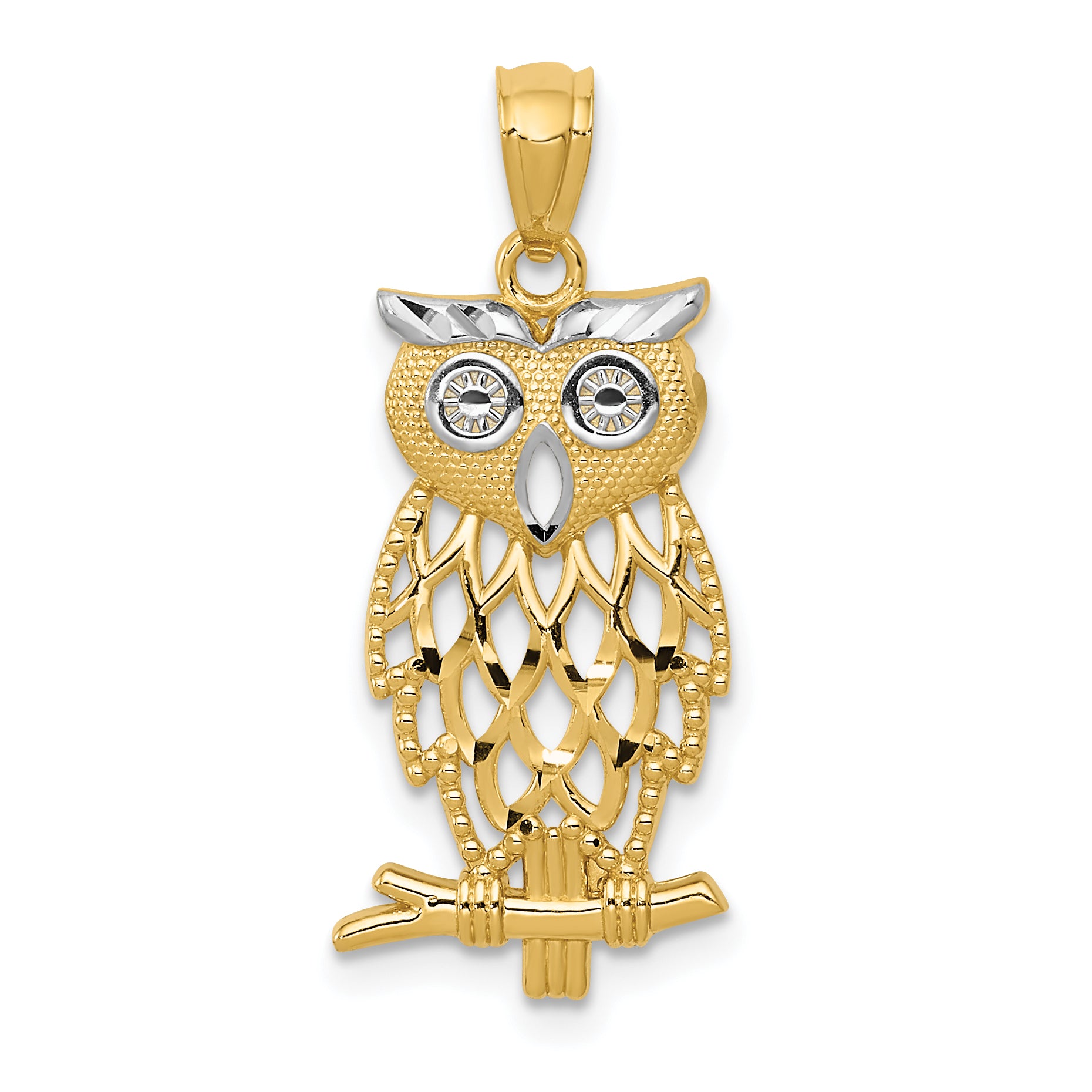 14k Yellow Gold Rhodium Diamond Cut Owl Pendant Main image