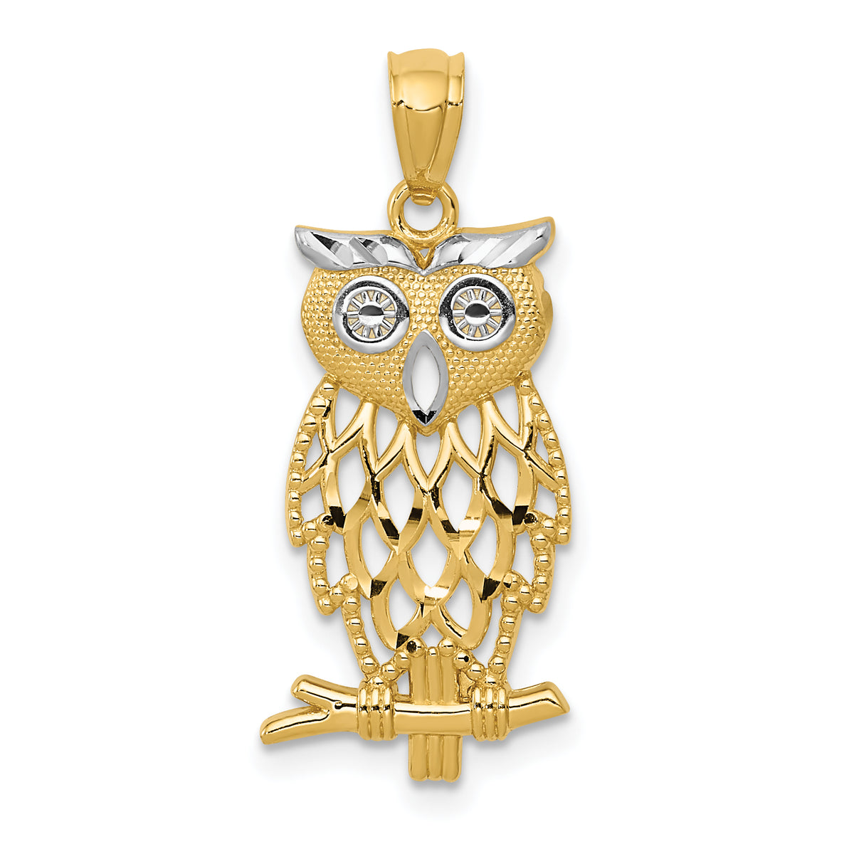 14k Yellow Gold Rhodium Diamond Cut Owl Pendant