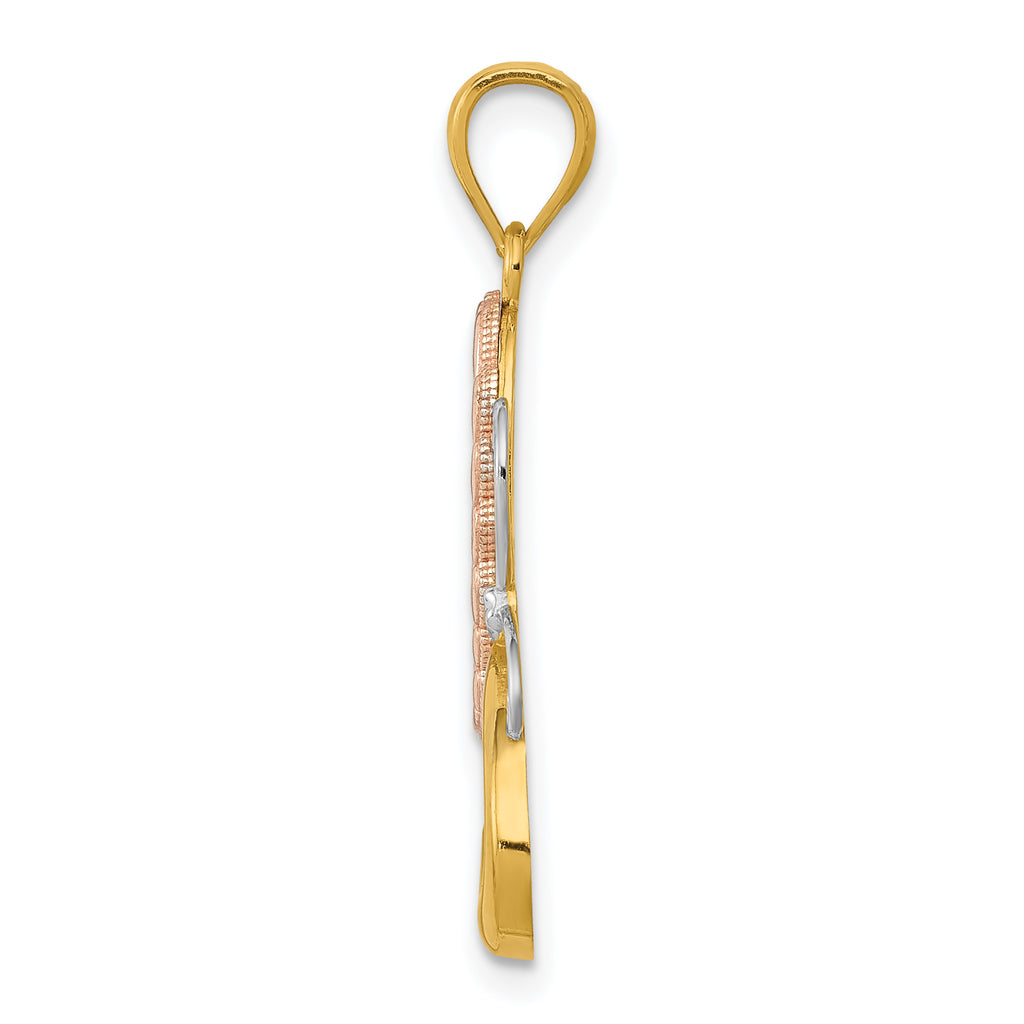 14K Two-Tone Gold Butterfly Pendant with White Rhodium Hearts Polished Finish