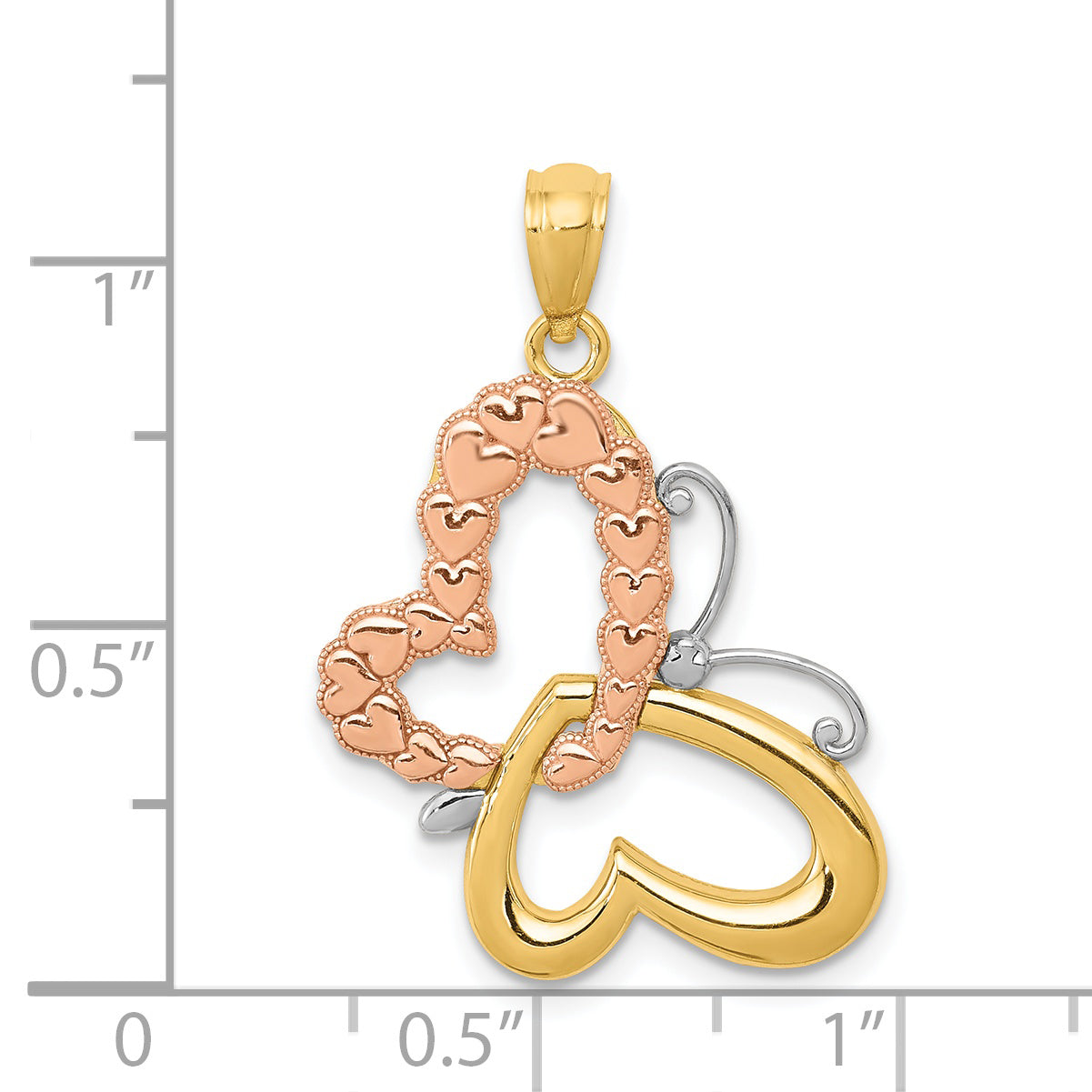 14K Two-Tone Gold Butterfly Pendant with White Rhodium Hearts Polished Finish