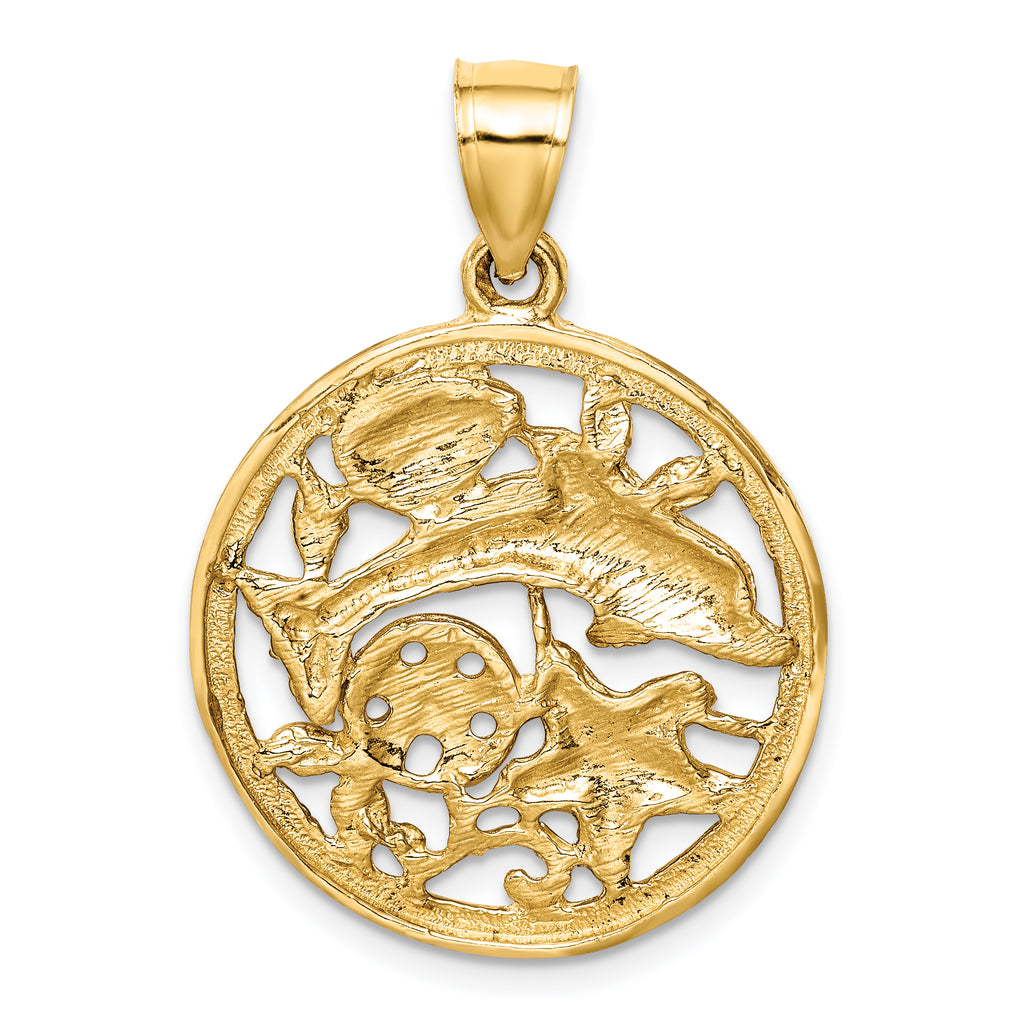 14K Diamond-cut Dolphin and Shells Circle Pendant