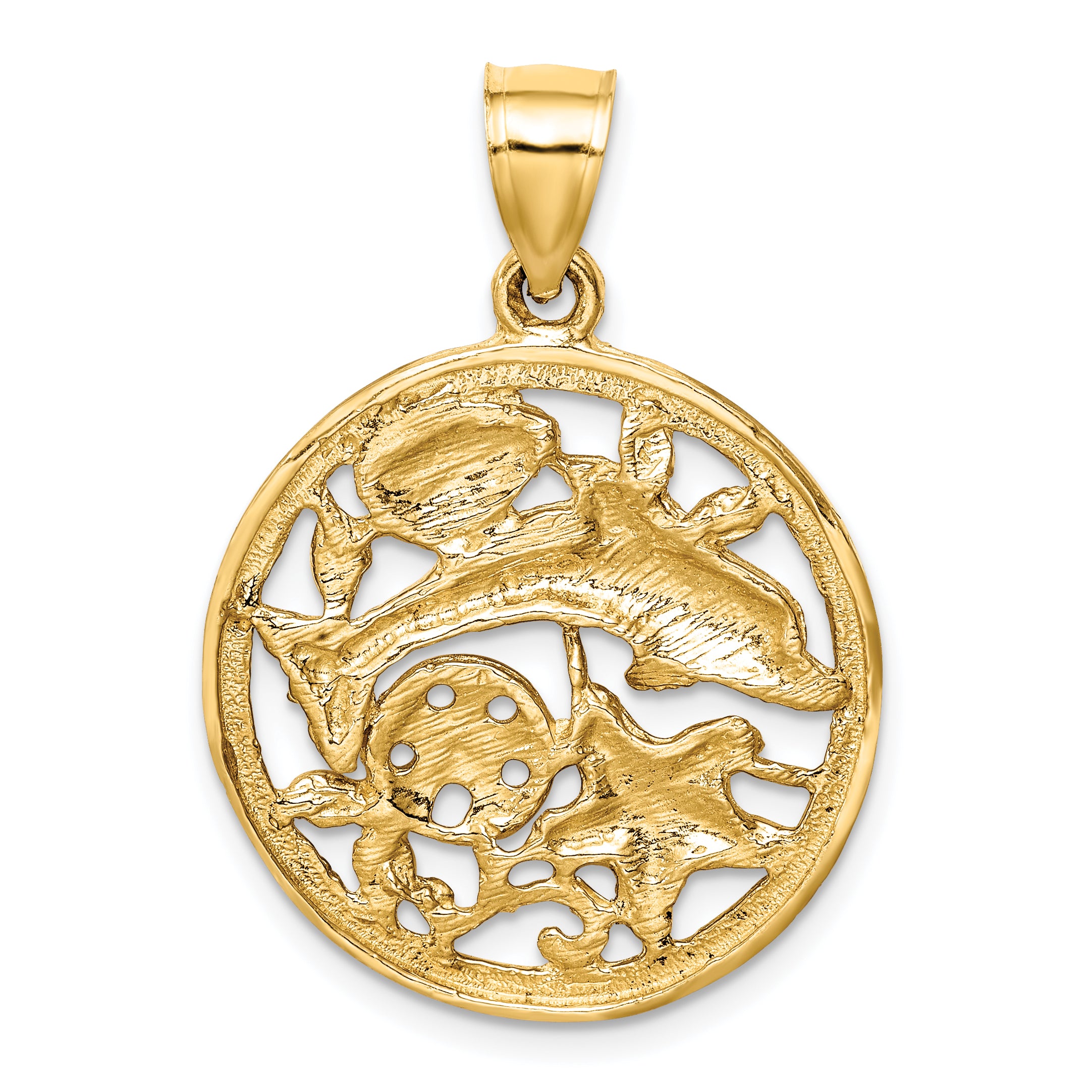 14K Diamond-cut Dolphin and Shells Circle Pendant