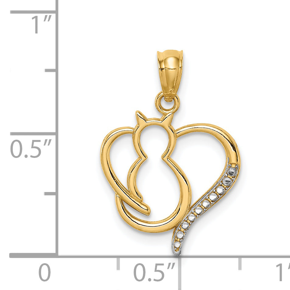 14K White Rhodium Sitting Cat in a Heart Pendant