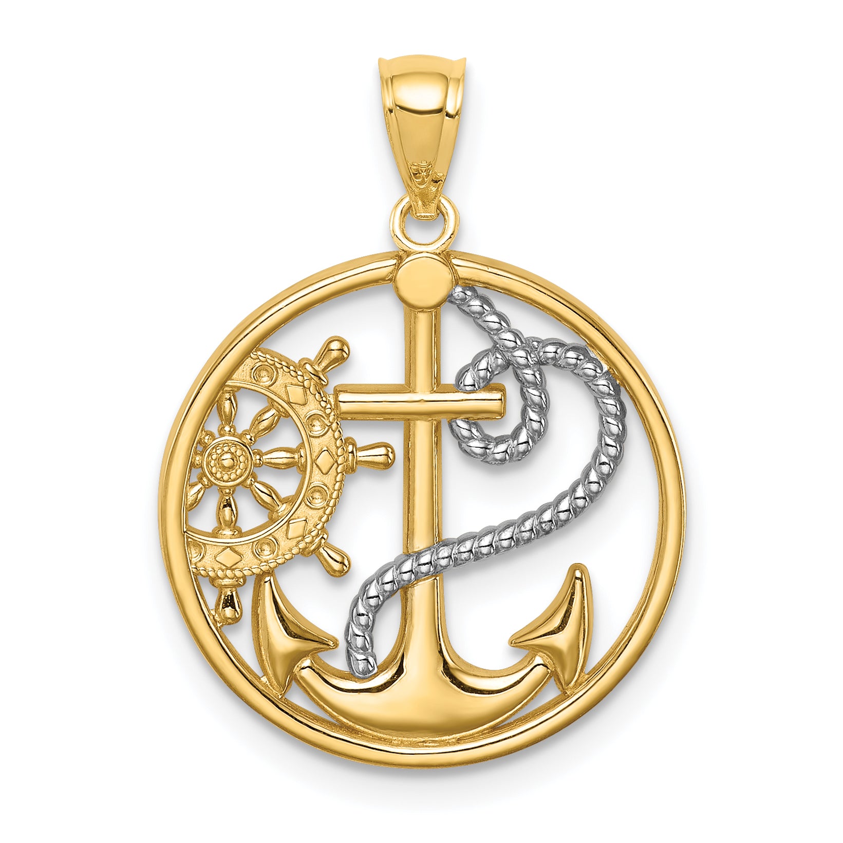 14K W/ Rhodium Cross Anchor Captain Wheel Pendant Main image