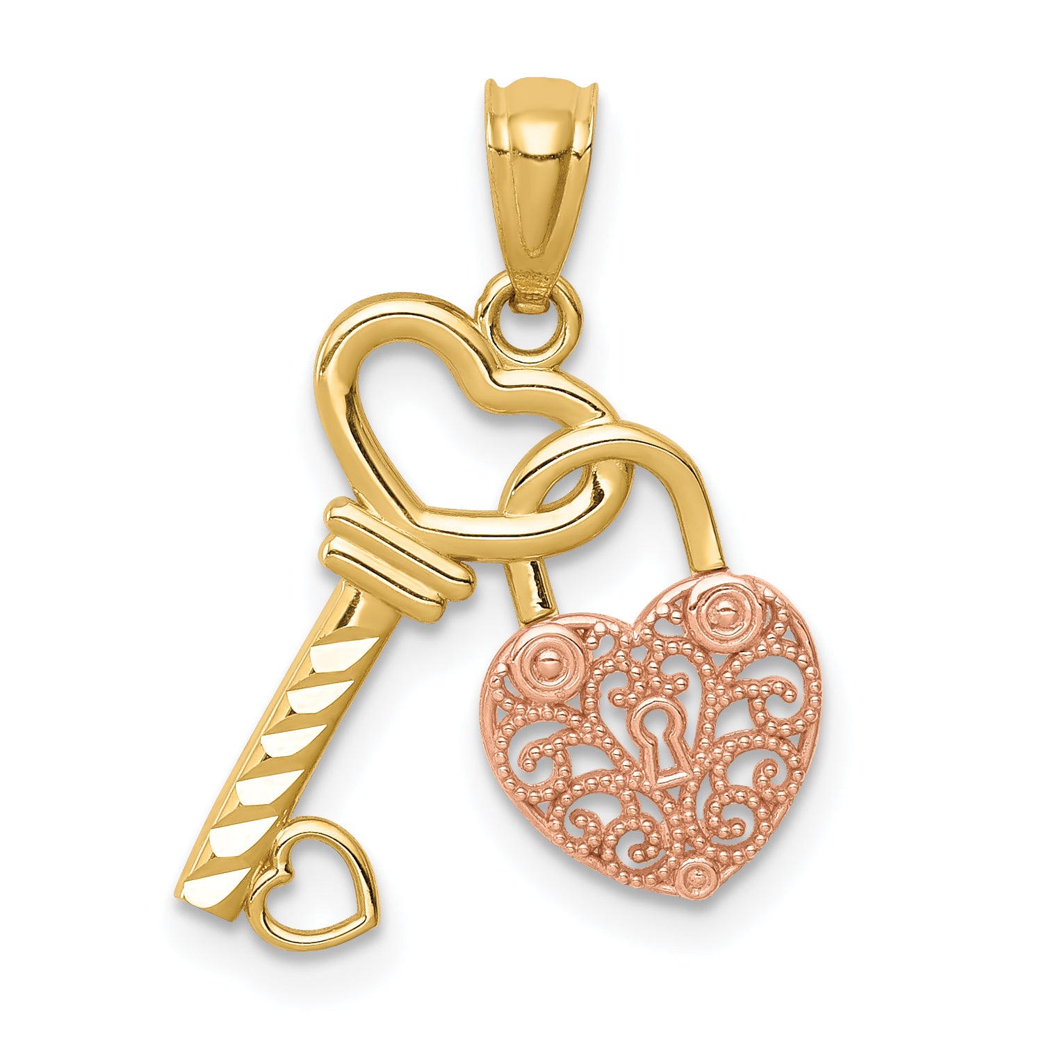 14K Two-tone Polished Filigree Heart Lock and Diamond-cut Key Charm Main image