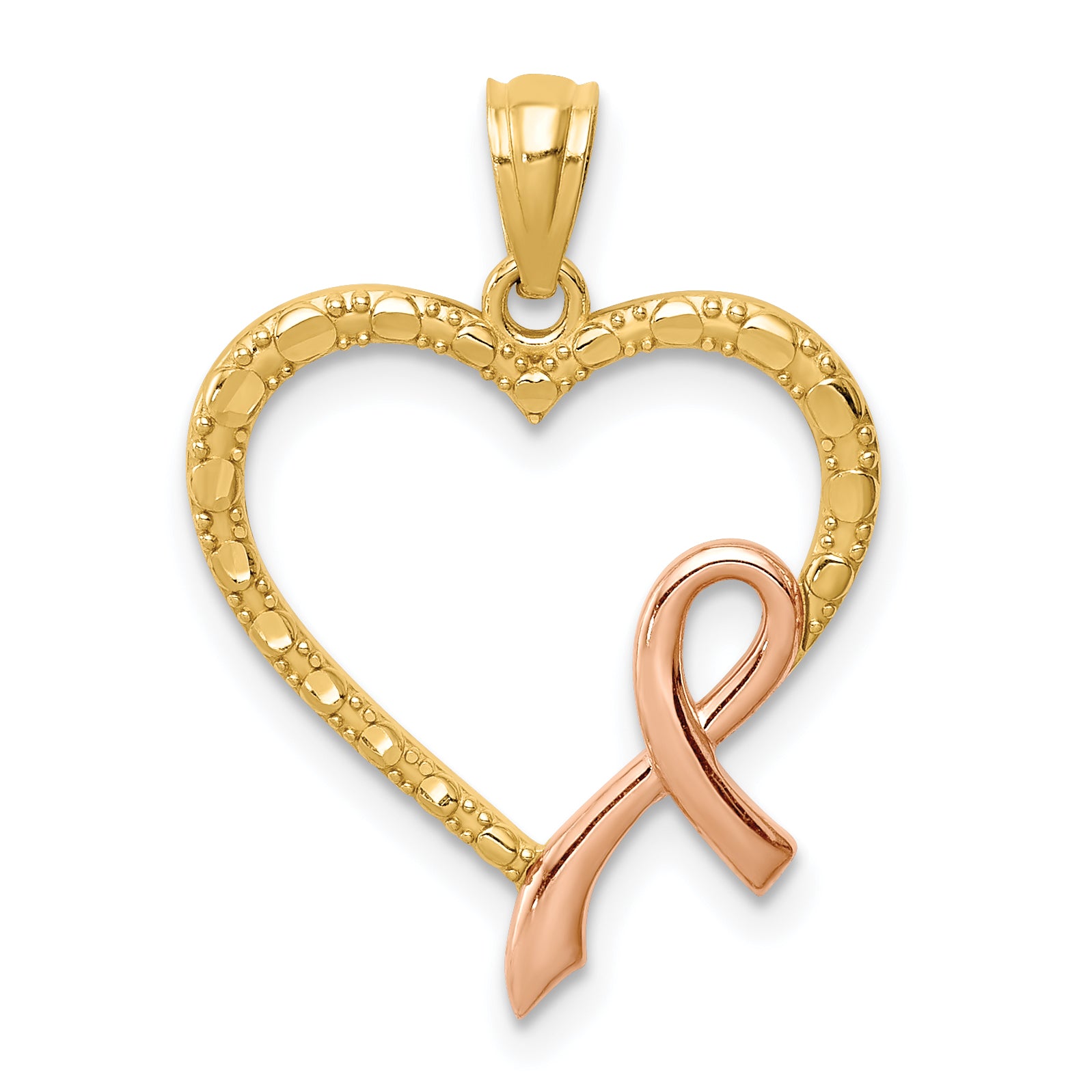 14K Rose Rhodium Pink Ribbon with Heart Pendant Main image