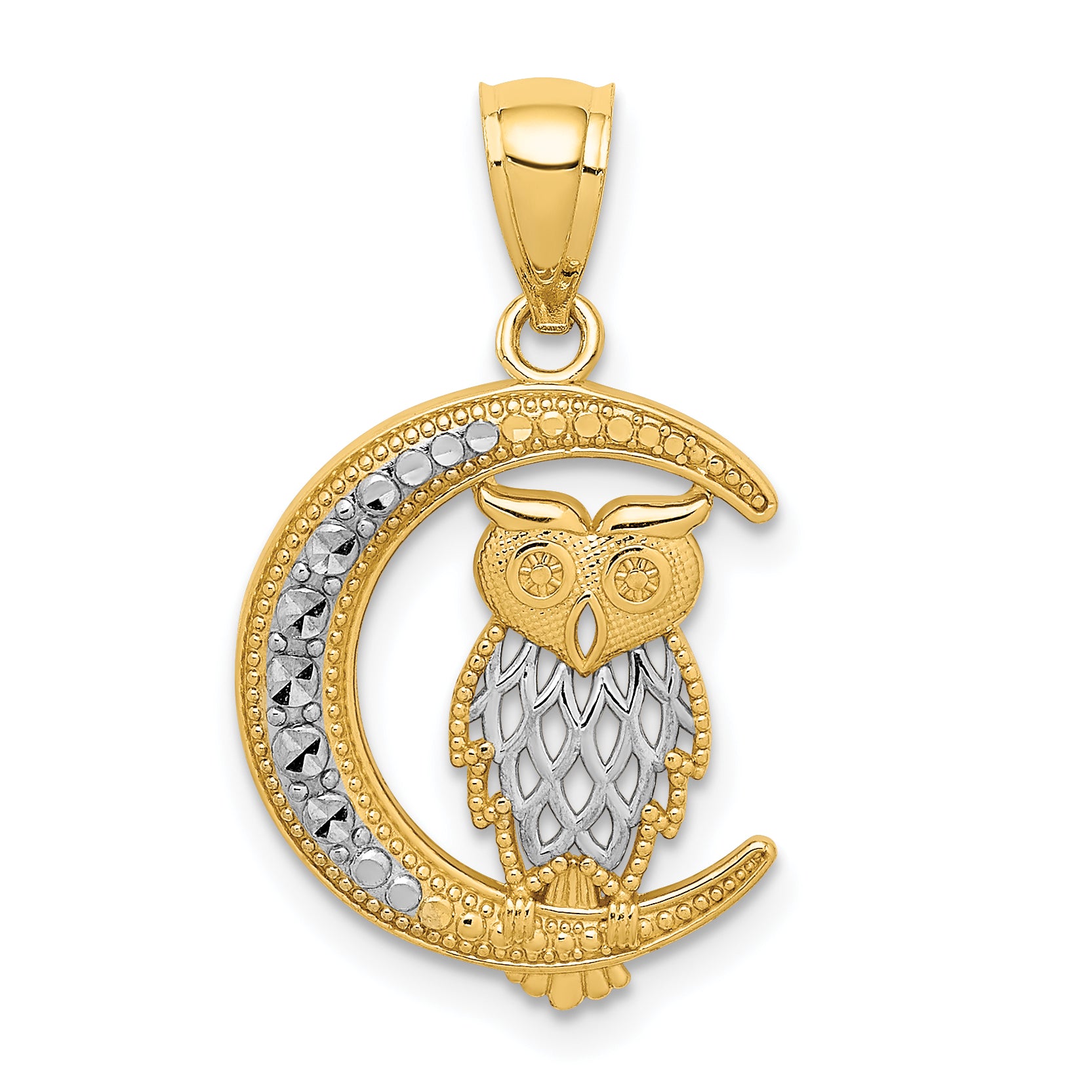 14K White Rhodium D/C Owl on the Moon Pendant Main image