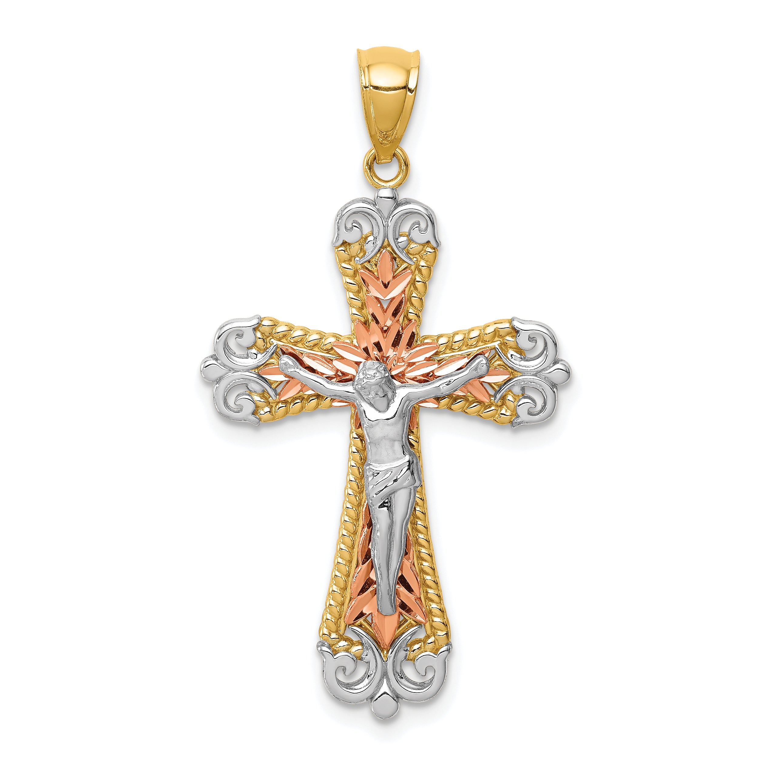 14K Tri-Color D/C w/White Rhodium Crucifix Pendant Main image