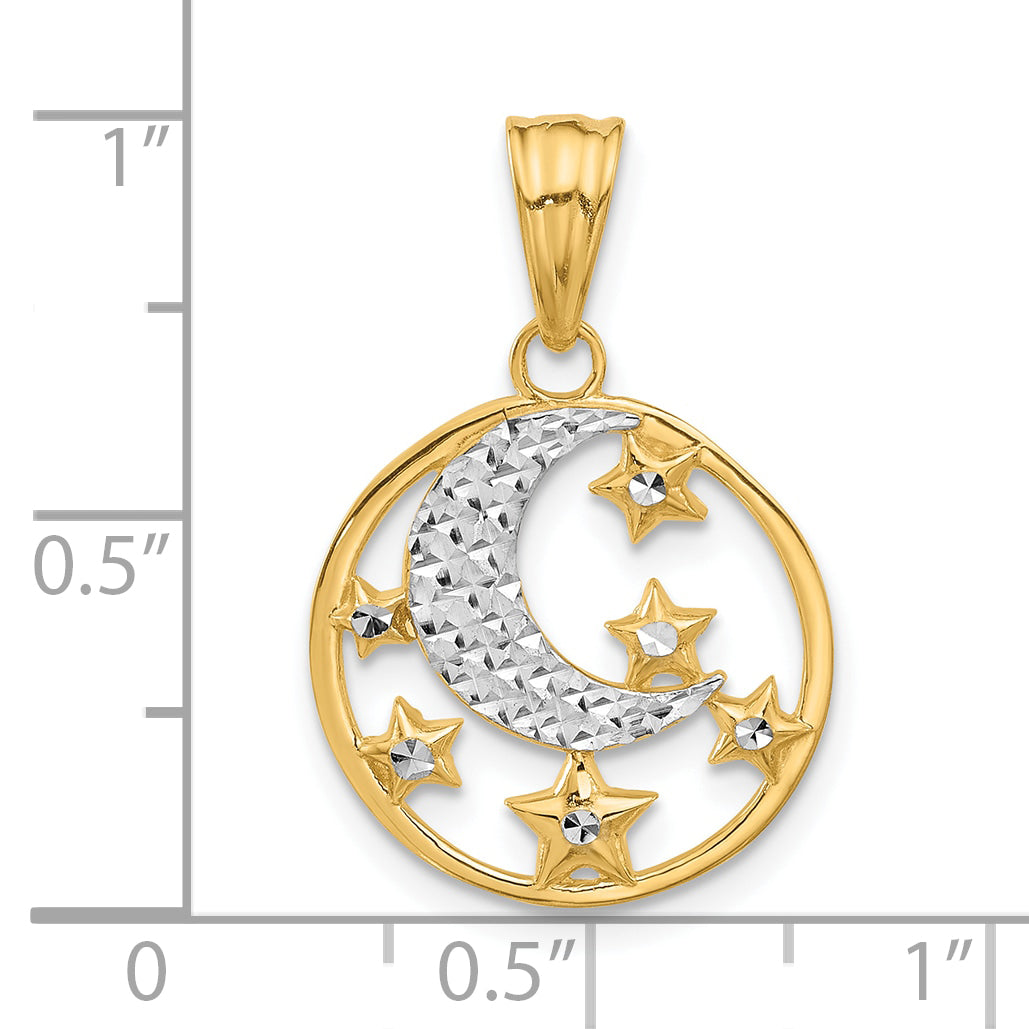 14K and White Rhodium D/C Moon and Stars Pendant