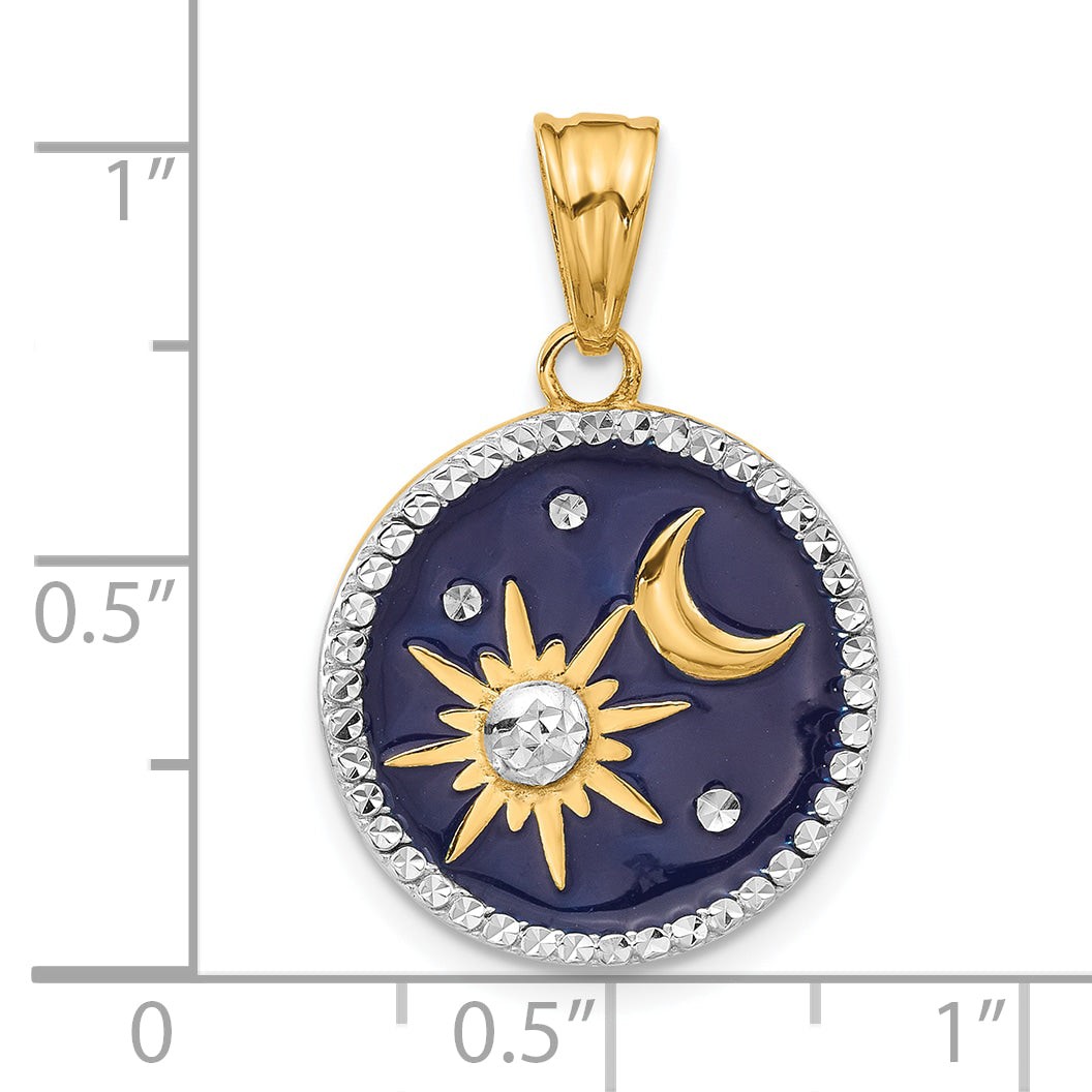 14K and White Rhodium D/C Enameled Sun and Moon Pendant