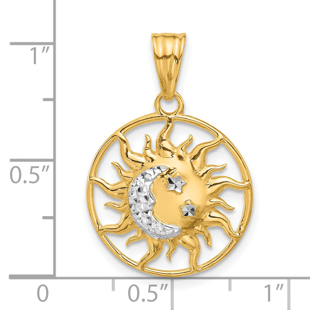 14K and White Rhodium D/C Sun Moon Stars Pendant