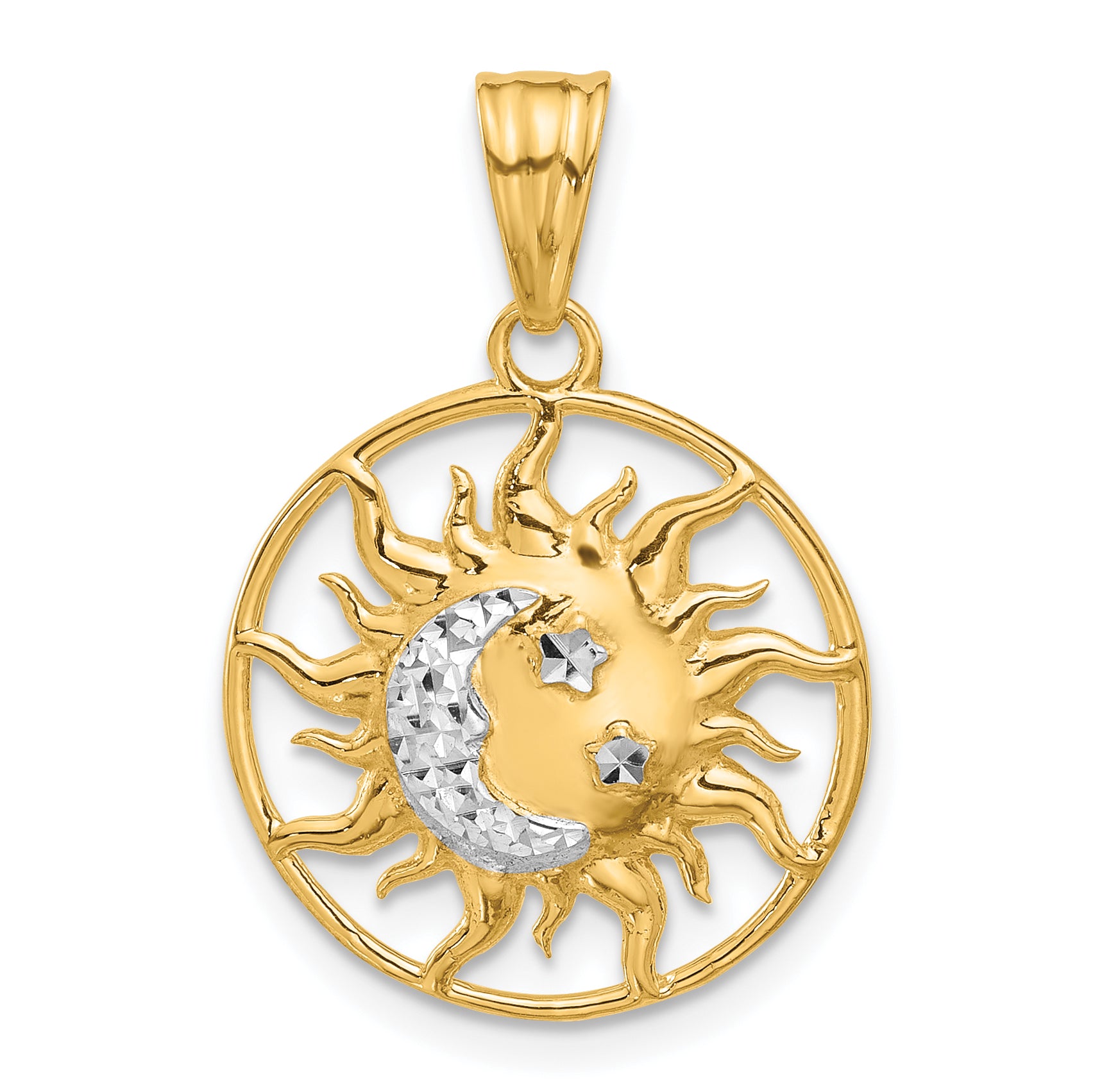 14K and White Rhodium D/C Sun Moon Stars Pendant