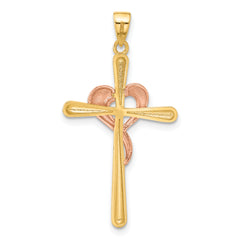 14K Two-tone with White Rhodium Polished Cross with Heart Pendant