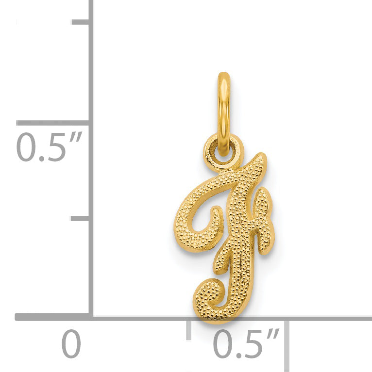 14K Yellow Gold Script Letter F Charm with Polished Textured Finish
