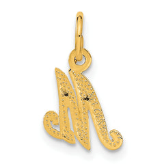 14K Yellow Gold Script Letter M Charm with Polished Finish Elegant and Textured