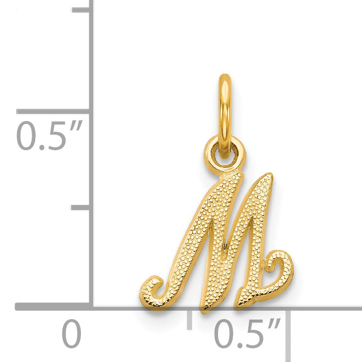 14K Yellow Gold Script Letter M Charm with Polished Finish Elegant and Textured