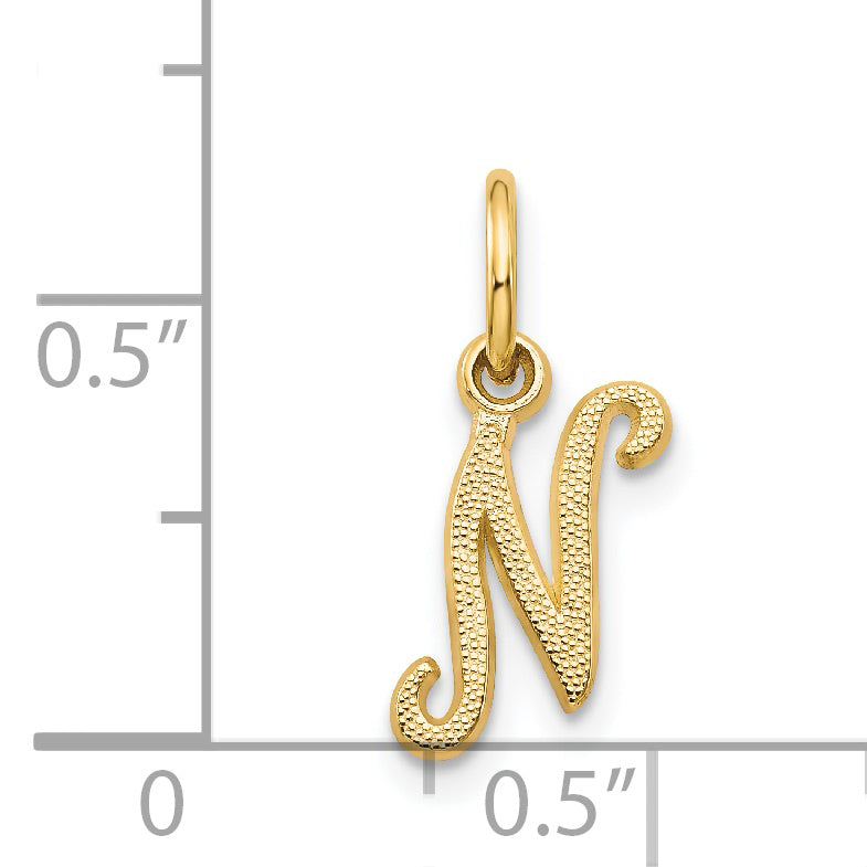 14K Gold Script Initial N Charm with Polished Textured Finish