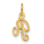 14K Yellow Gold Script Letter R Charm with Polished Finish Elegant and Textured