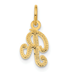 14K Yellow Gold Script Letter R Charm with Polished Finish Elegant and Textured