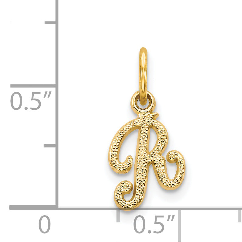 14K Yellow Gold Script Letter R Charm with Polished Finish Elegant and Textured