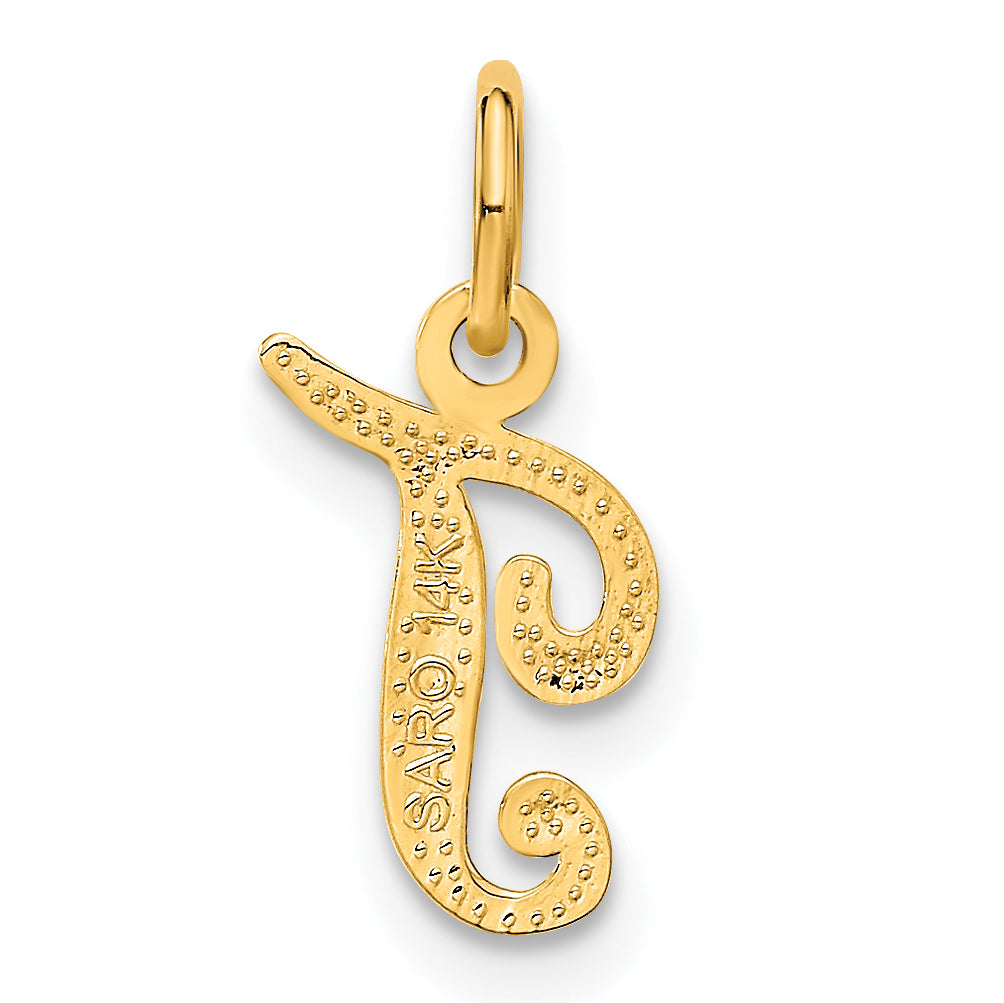 14K Gold Script Letter T Charm with Polished Textured Finish
