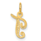 14K Gold Script Letter T Charm with Polished Textured Finish