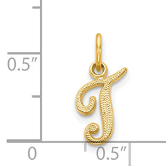 14K Gold Script Letter T Charm with Polished Textured Finish