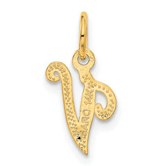 14K Gold Script Letter V Charm with Polished Textured Finish