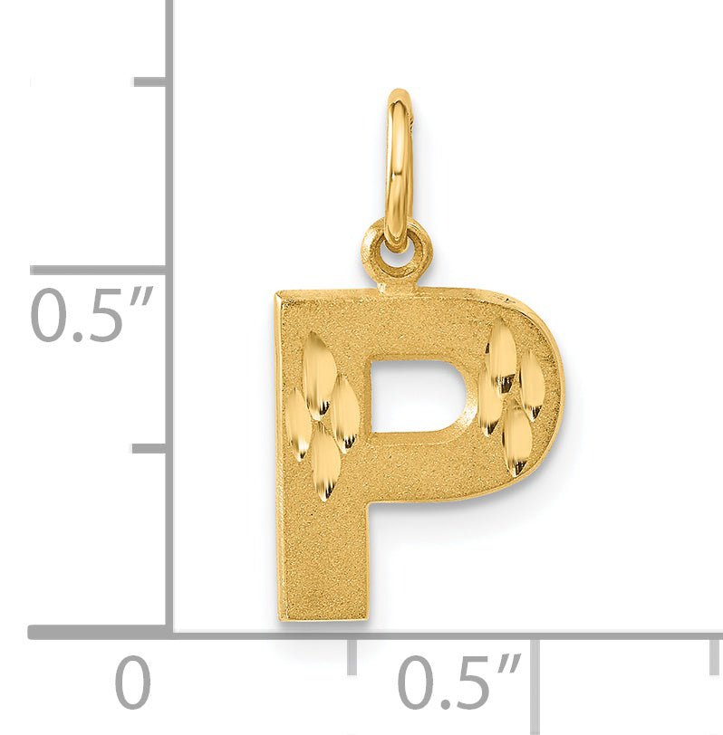 14K Yellow Gold Satin Diamond-Cut Letter P Charm Elegant Sandblasted Finish