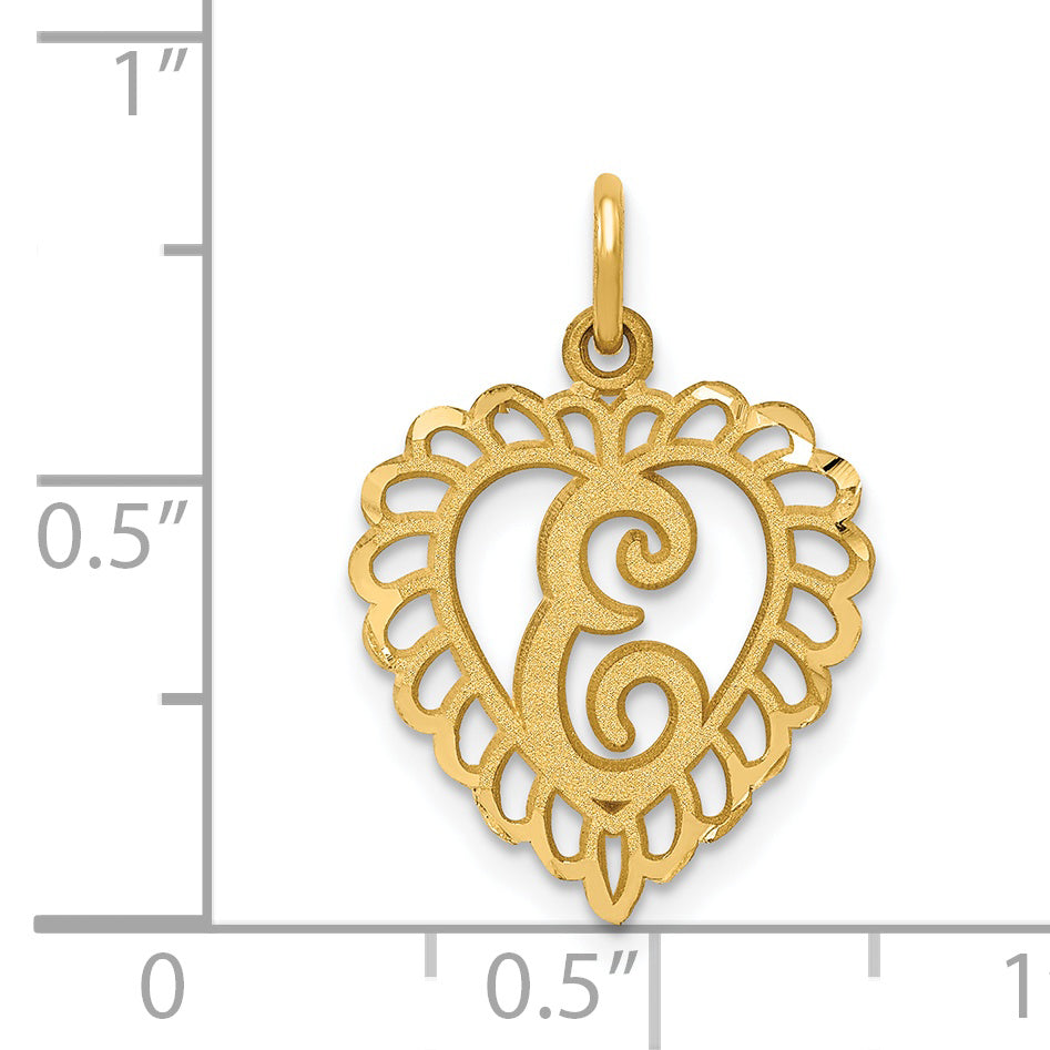 14K Gold Heart Letter E Charm with Diamond-Cut Sandblasted Finish