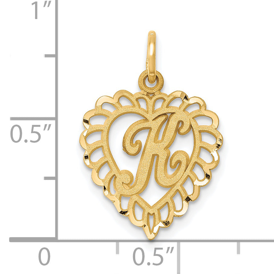 14K Yellow Gold Diamond-Cut Heart Letter K Charm Elegant Sandblasted Finish
