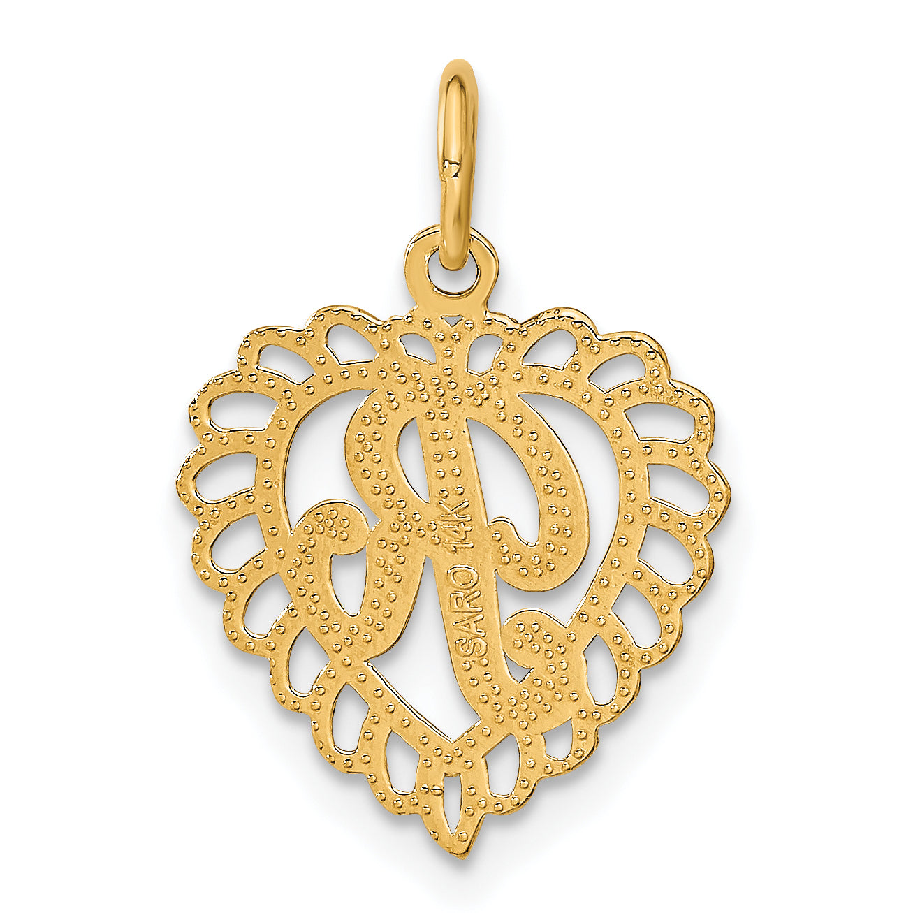 14K Gold Heart Letter R Charm with Diamond-Cut and Sandblasted Finish
