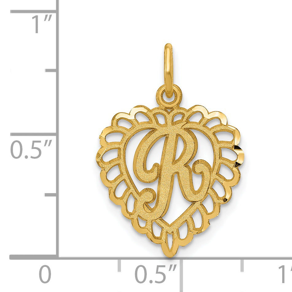 14K Gold Heart Letter R Charm with Diamond-Cut and Sandblasted Finish