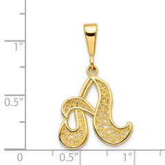 14K Gold Polished Filigree Letter A Pendant  Elegant Script Design
