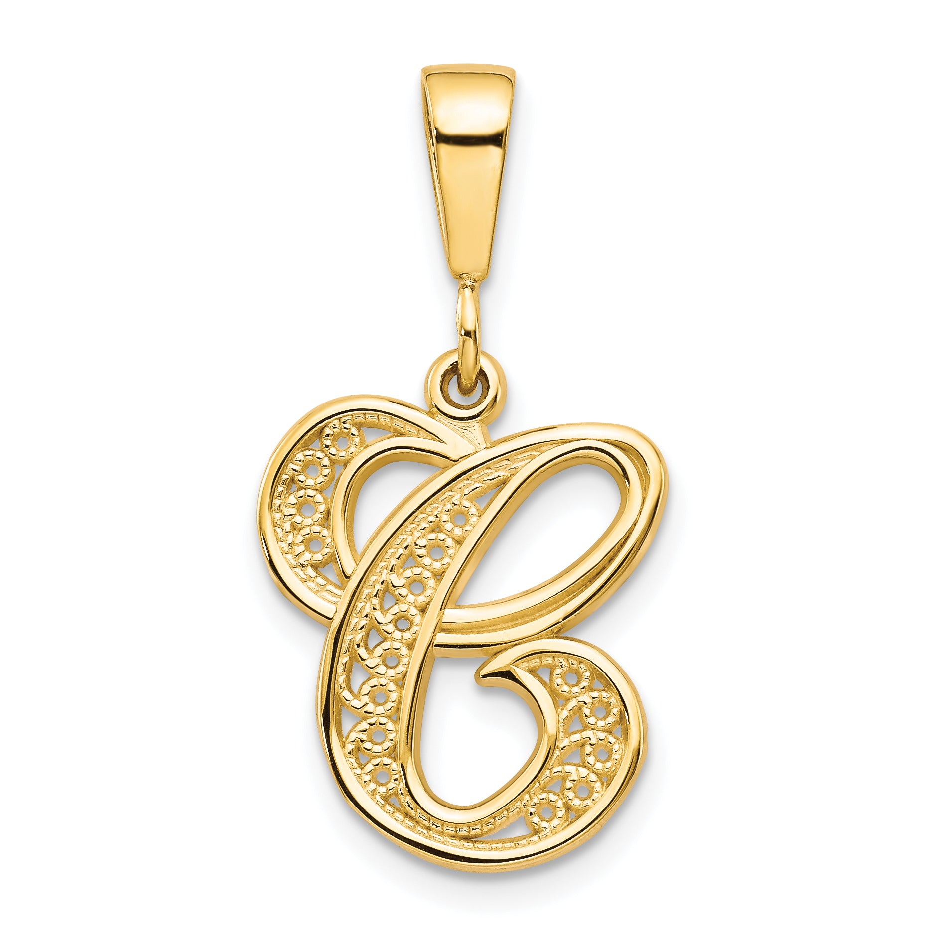 14KY Polished Script Filigree Letter C Initial Pendant Main image