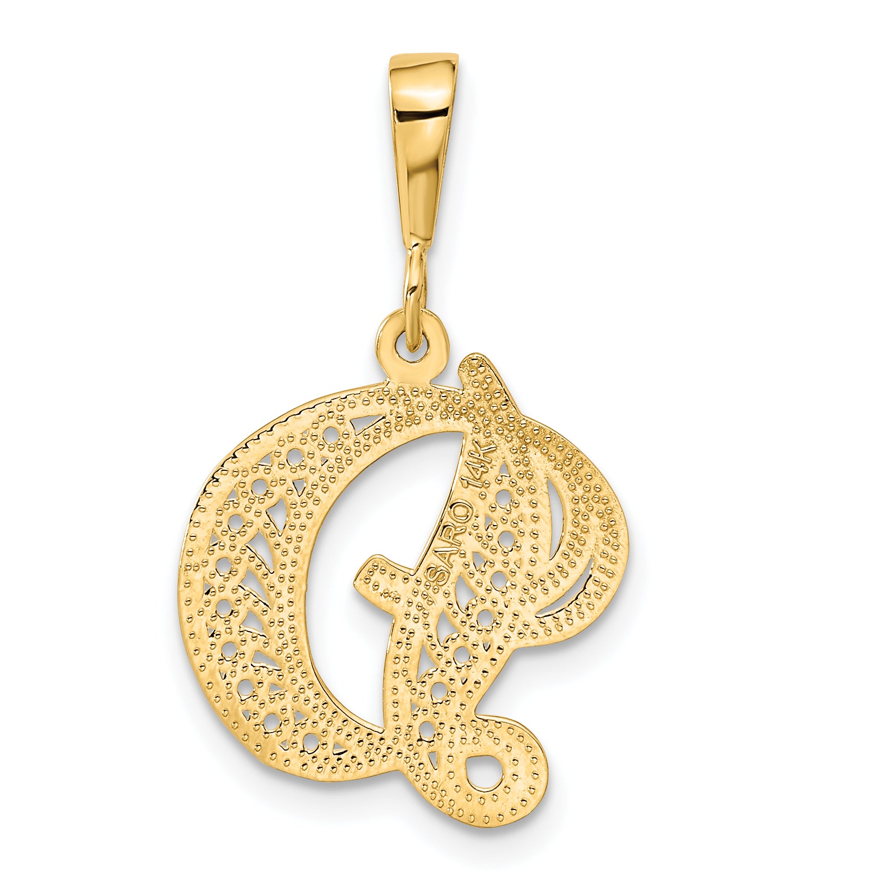 14K Yellow Gold Script Filigree Letter D Pendant  Elegant Polished Finish