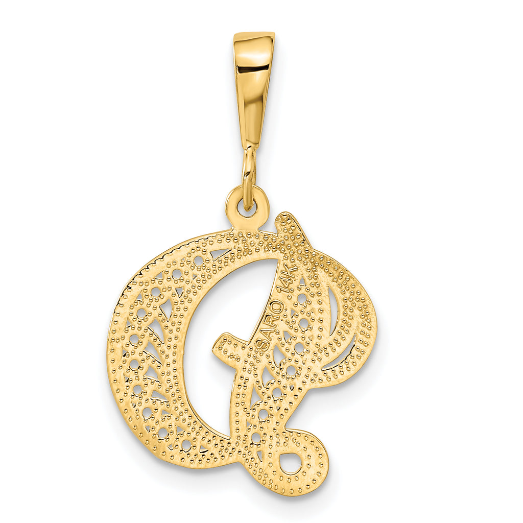 14K Yellow Gold Script Filigree Letter D Pendant  Elegant Polished Finish